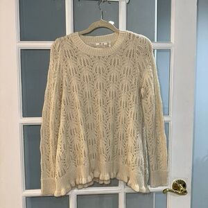 OhMG crochet ruffle Hem Textured Sweater Sz S Grandma core granny knit fuzzy tan